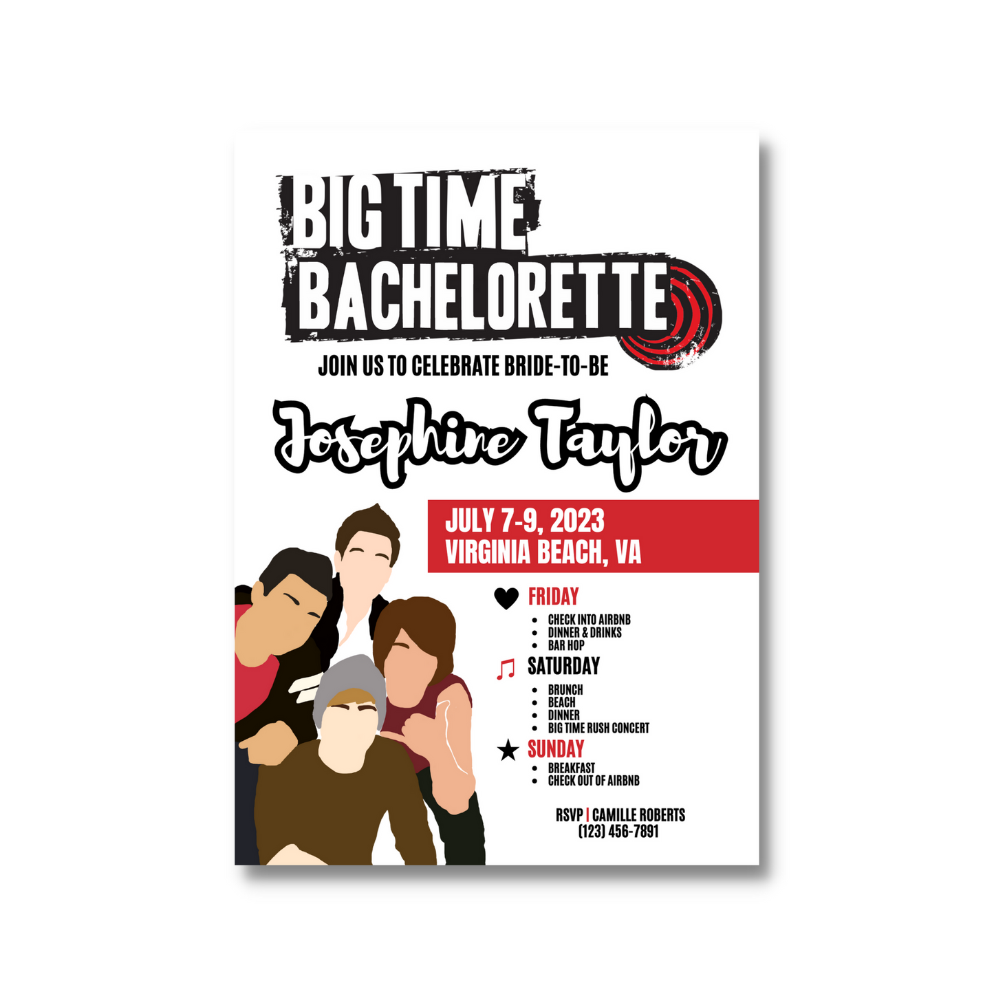 Editable Big Time Rush Bachelorette Weekend Invitation Itinerary (Canva)